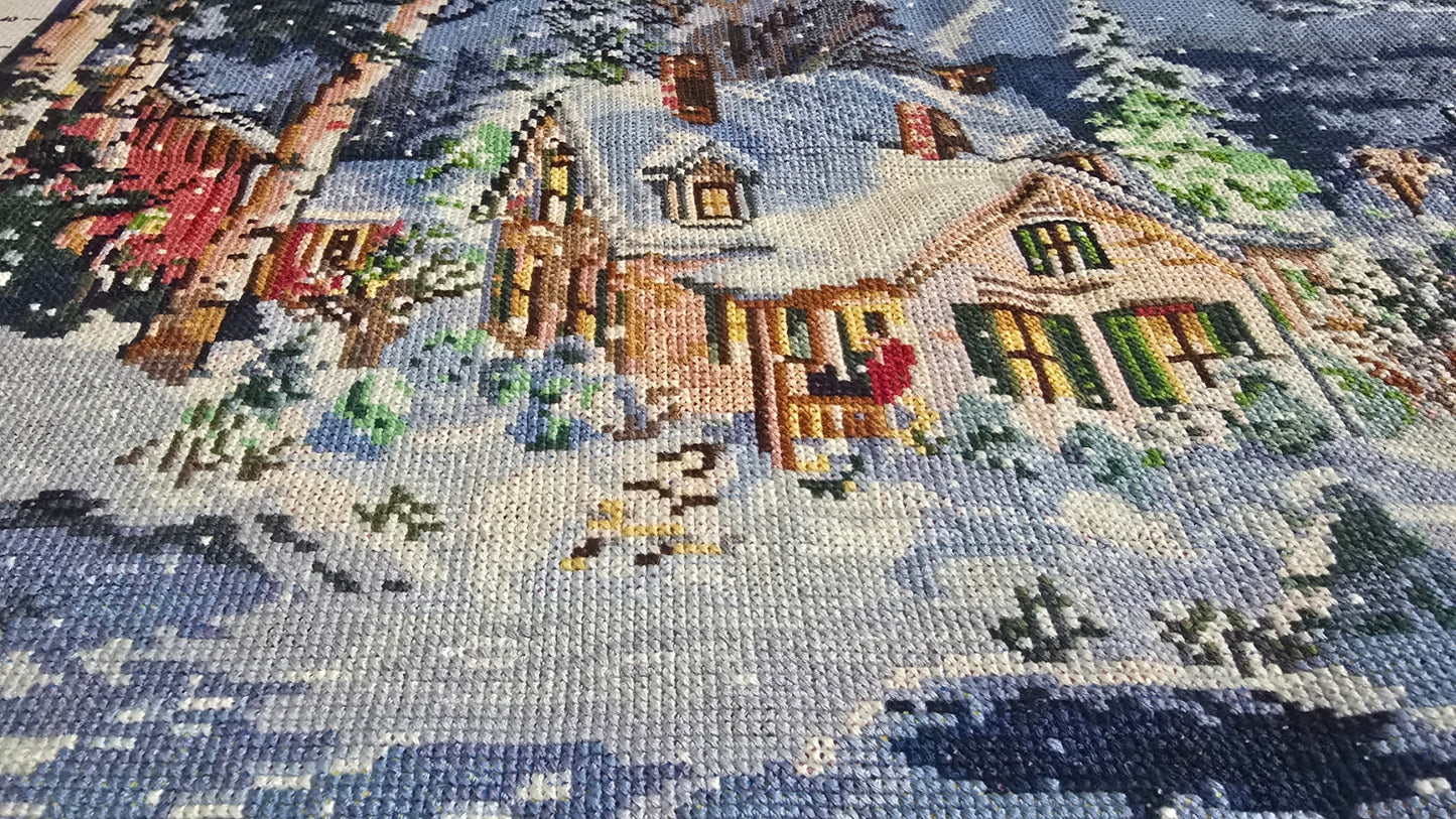 Finished Cross Stitch Wall Art - Cozy Christmas Winter Cottage