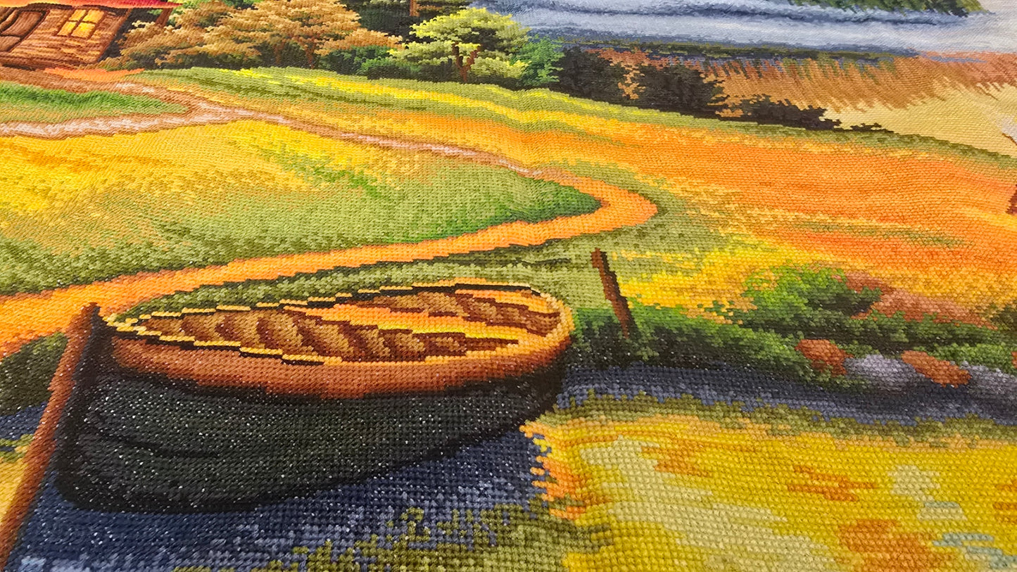 Finished Cross Stitch Wall Art - Panoramic Autumn Lakeside Cabin