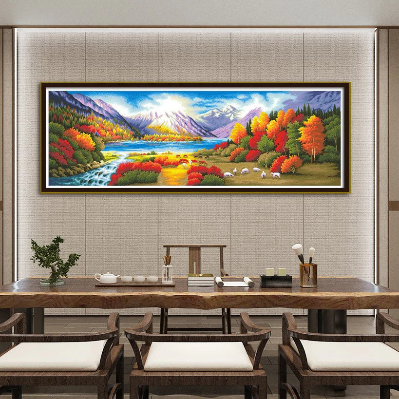 Finished Cross Stitch Wall Art - Panoramic Autumn Mountain Lake & Grazing Sheep
