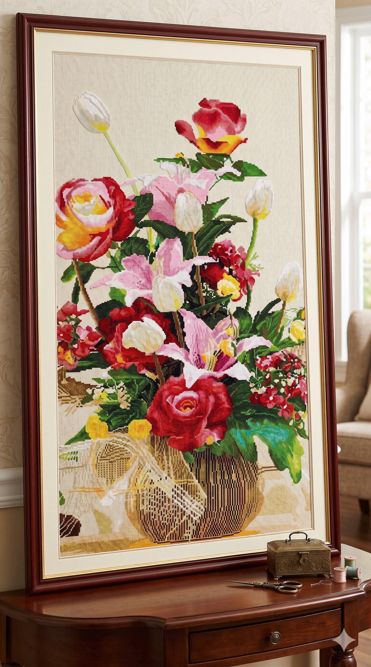 Vibrant Mixed Floral Bouquet & Lilies Cross Stitch | Ready-Made Finished Piece