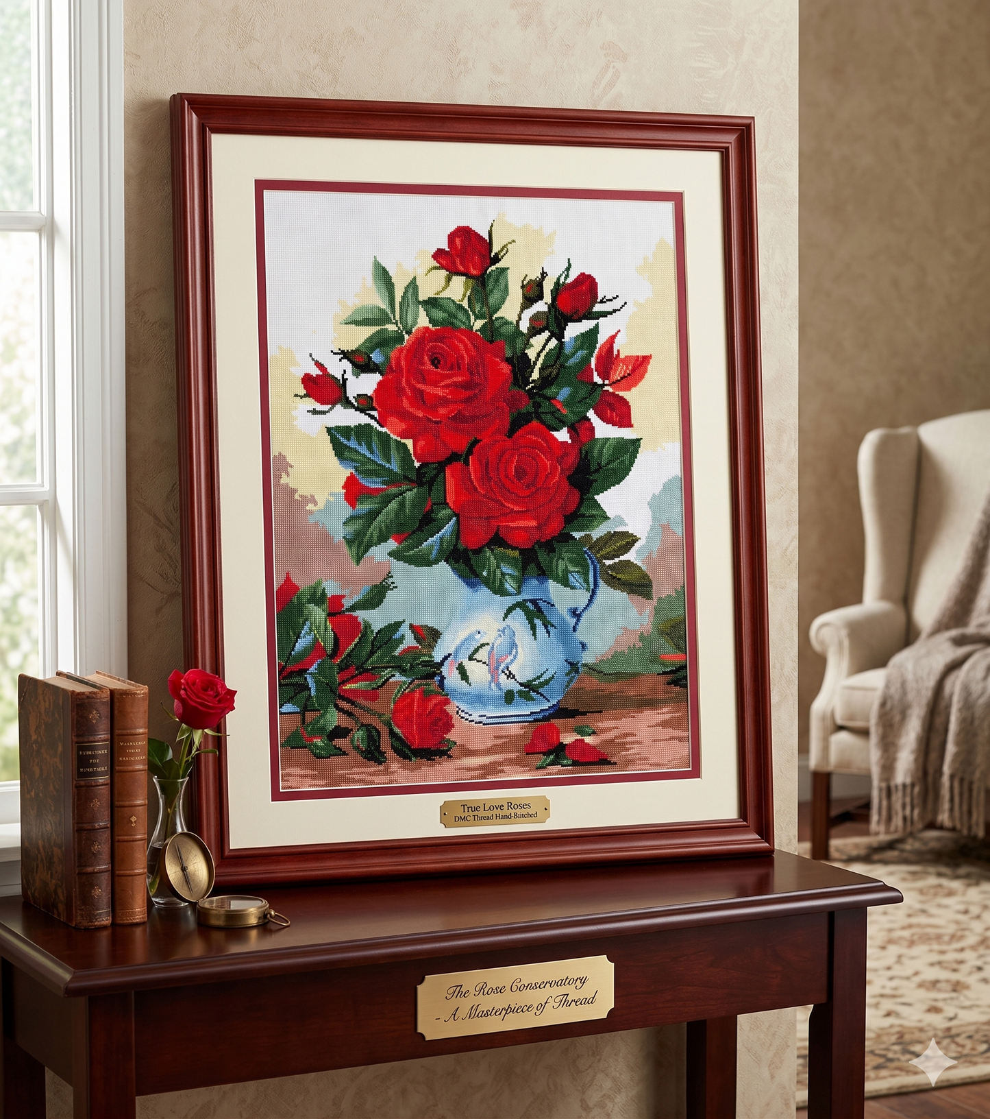 Romantic Red Roses in Chinoiserie Vase Cross Stitch - Ready-Made Finished Piece