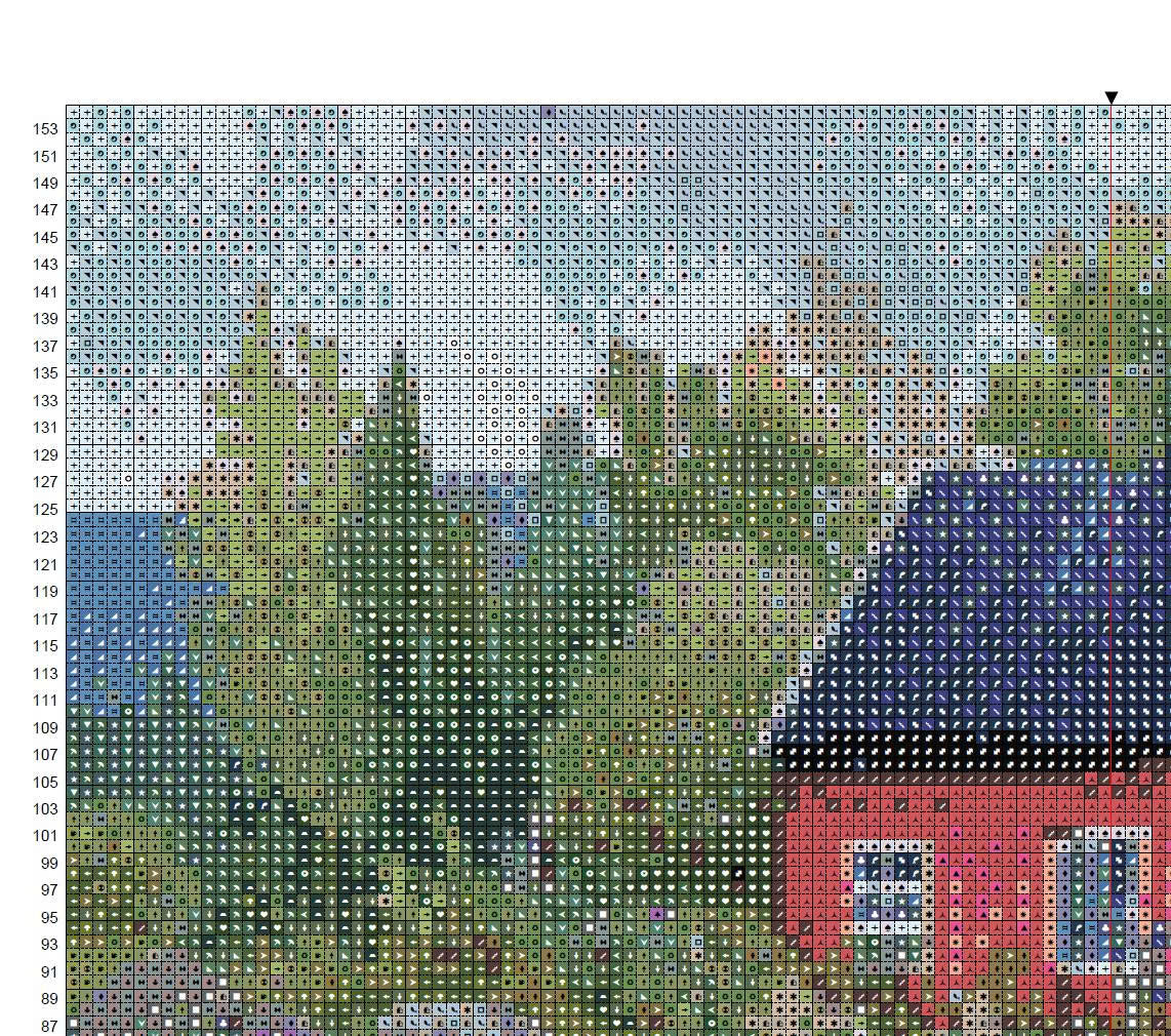 Bright Red Scandinavian Cottage Cross Stitch Pattern | Vibrant Wildflower Garden Landscape | Instant PDF Download