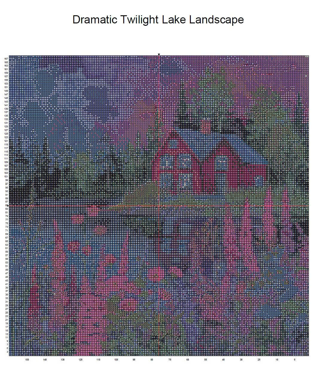 Midnight Magenta Cottage Cross Stitch Pattern | Dramatic Twilight Lake Landscape | Instant PDF Download