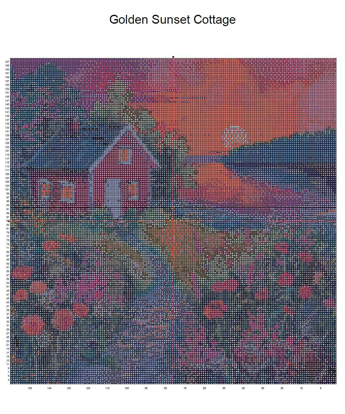 Golden Sunset Cottage Cross Stitch Pattern | Vibrant Wildflower Path & Lake Landscape | Instant PDF Download