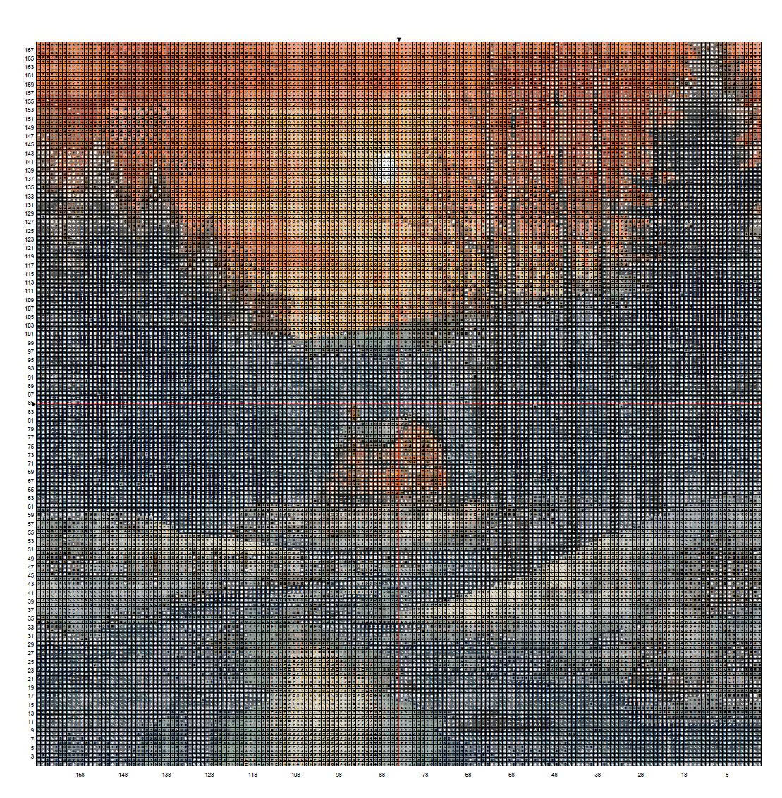 Winter Sunset Cabin Cross Stitch Pattern | Vibrant Orange Sky Landscape | Instant PDF Download