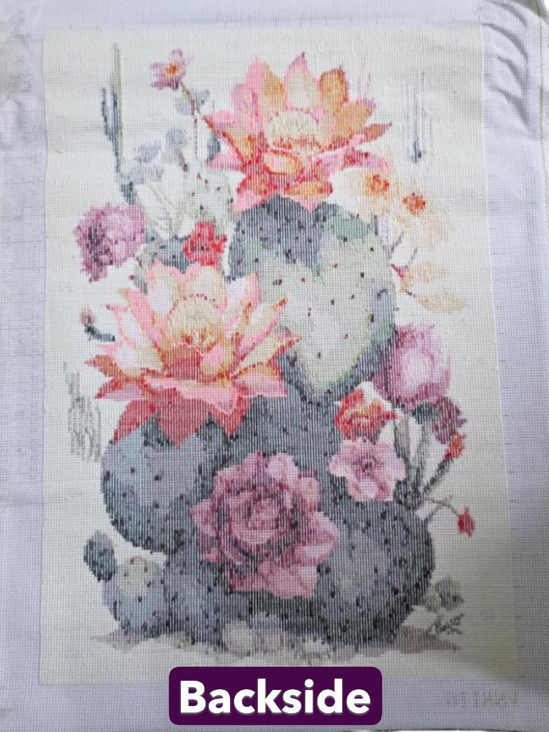 Finished Cross Stitch Wall Art - Blooming Desert Cactus