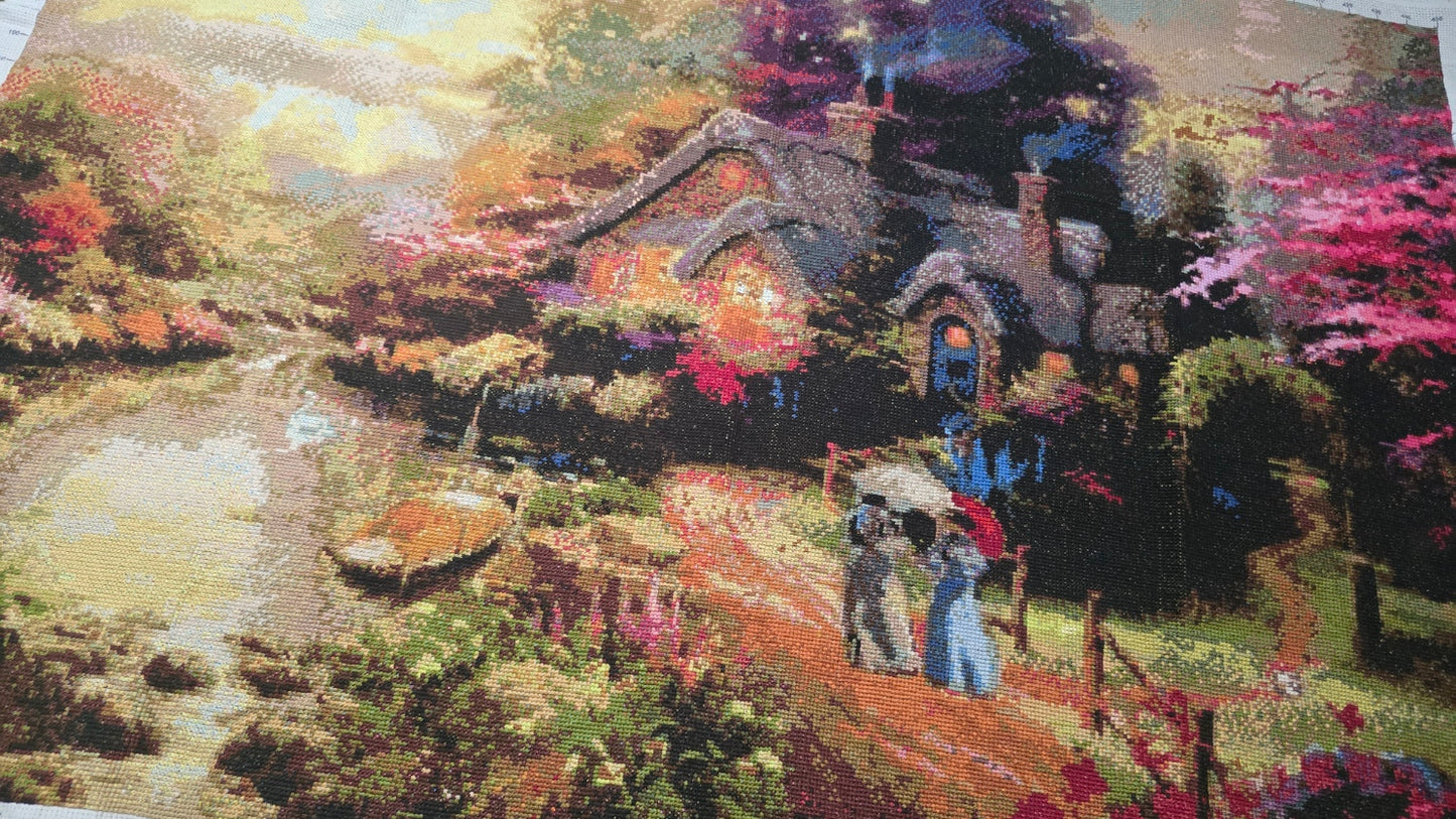 Enchanted Cottage River Landscape Cross Stitch Finished Piece