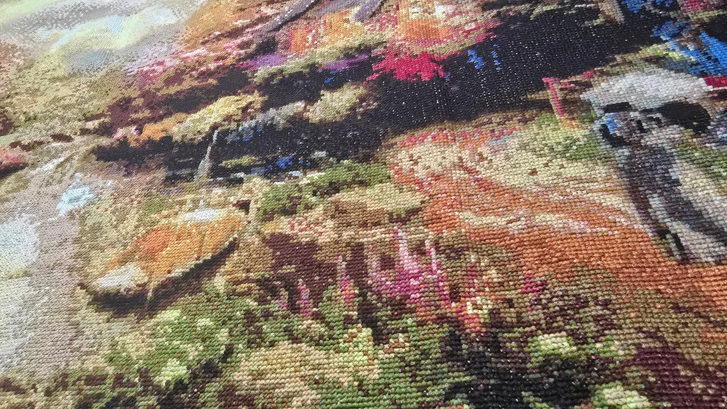 Enchanted Cottage River Landscape Cross Stitch Finished Piece