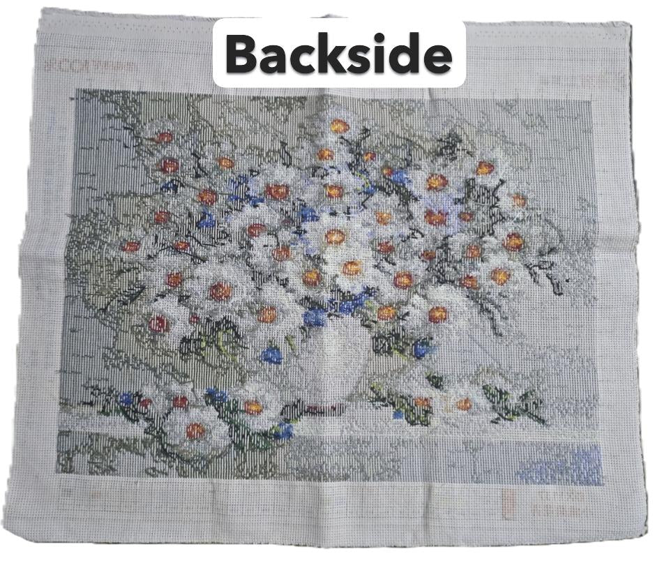 Rustic Daisy Bouquet in White Vase Finished Cross-Stitch Art – Unframed