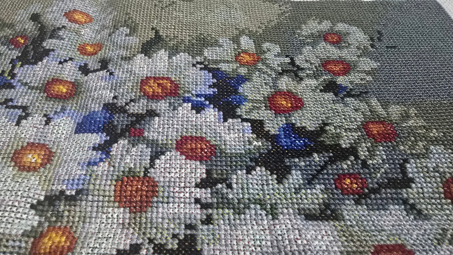 Rustic Daisy Bouquet in White Vase Finished Cross-Stitch Art – Unframed