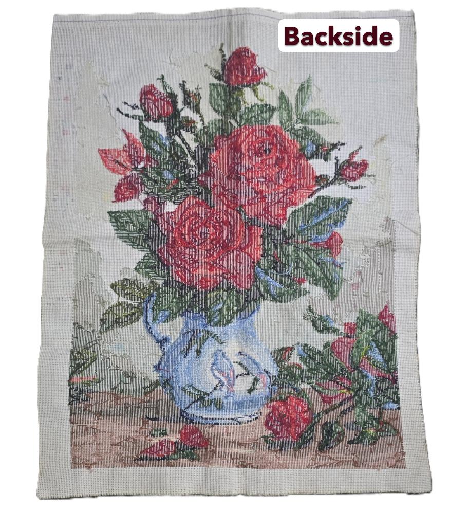 Romantic Red Roses in Chinoiserie Vase Cross Stitch - Ready-Made Finished Piece