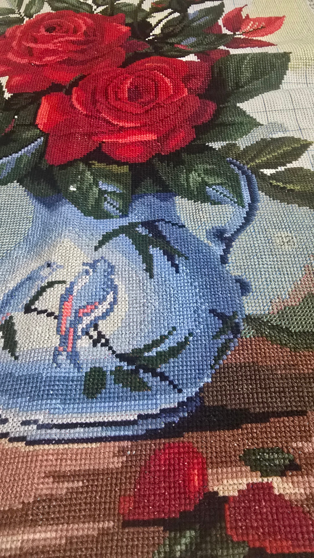 Romantic Red Roses in Chinoiserie Vase Cross Stitch - Ready-Made Finished Piece