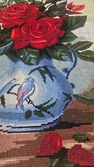 Romantic Red Roses in Chinoiserie Vase Cross Stitch - Ready-Made Finished Piece