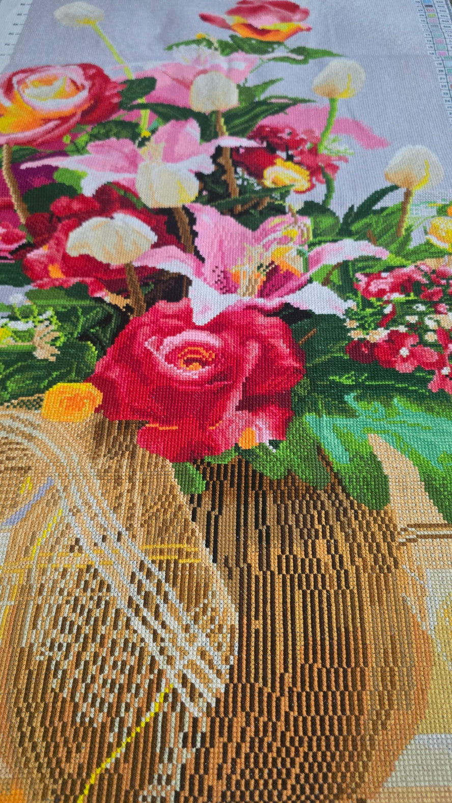 Vibrant Mixed Floral Bouquet & Lilies Cross Stitch | Ready-Made Finished Piece