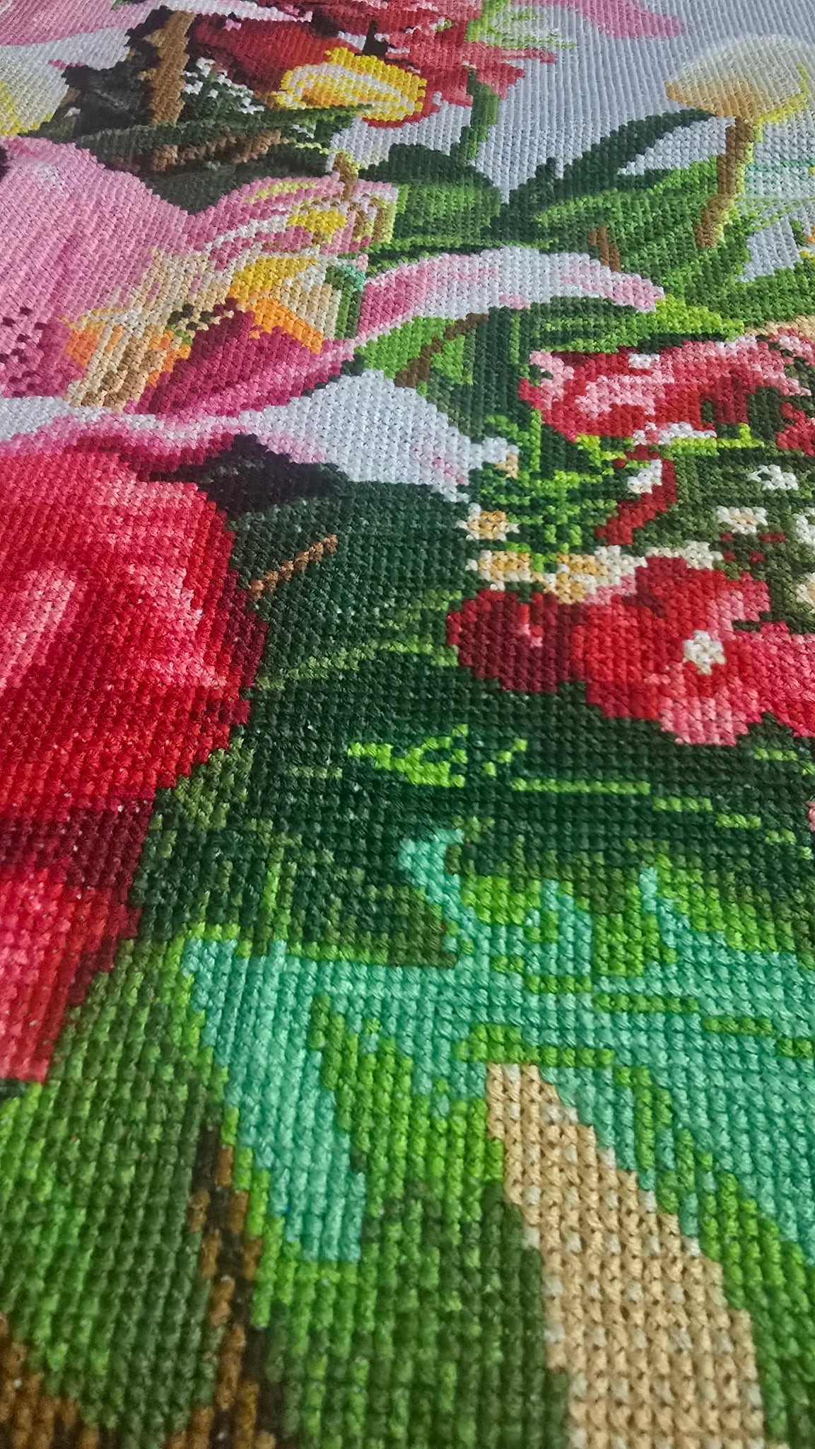 Vibrant Mixed Floral Bouquet & Lilies Cross Stitch | Ready-Made Finished Piece