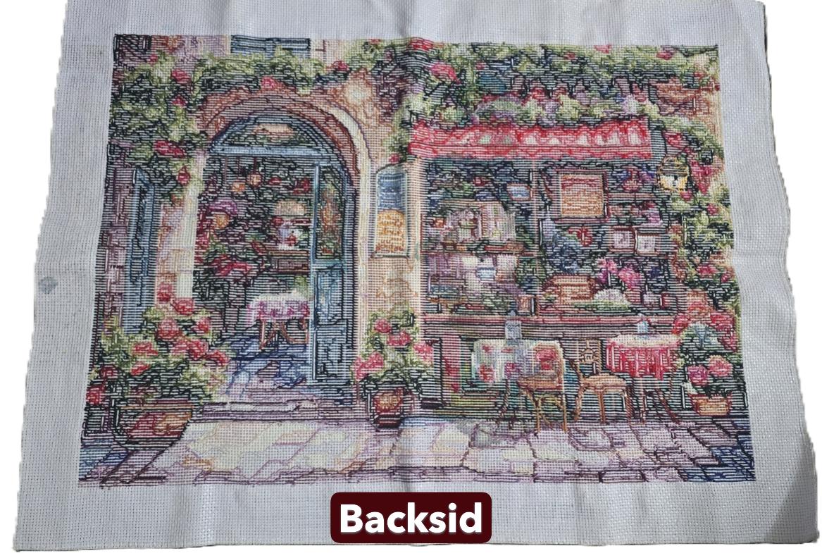 Hand-Stitched Romantic Mediterranean Street Café Textile Art Piece (Full Coverage)