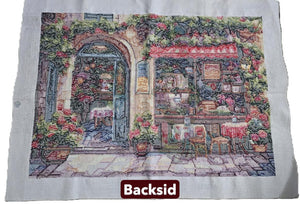 Hand-Stitched Romantic Mediterranean Street Café Textile Art Piece (Full Coverage)