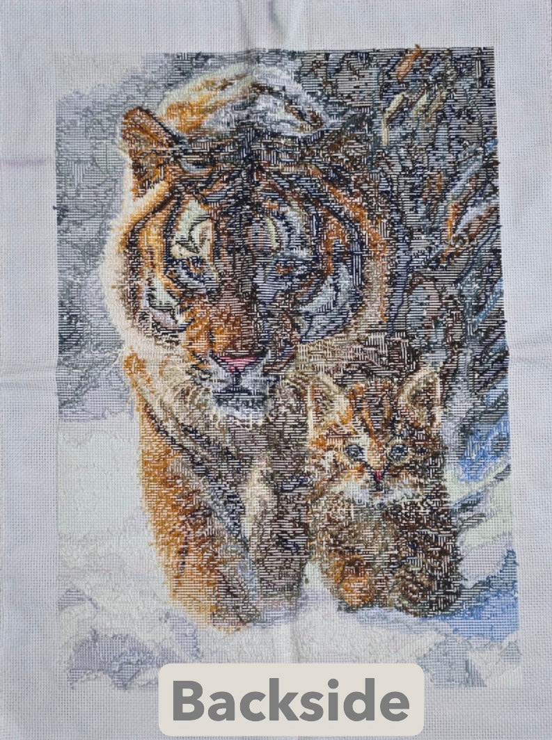 Finished Cross Stitch Wall Art - Tiger and Kitten Winter Scene (Completed Handmade Piece)