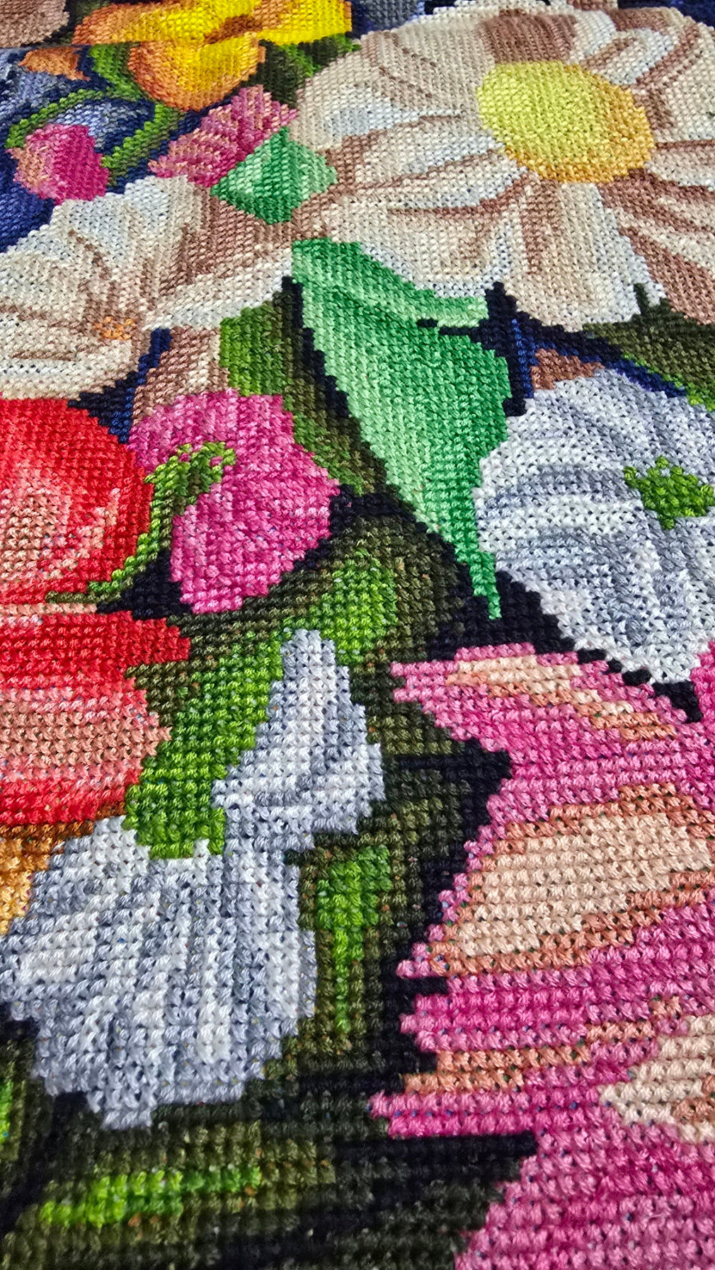 Finished Cross Stitch Wall Art - Vibrant Floral Bouquet