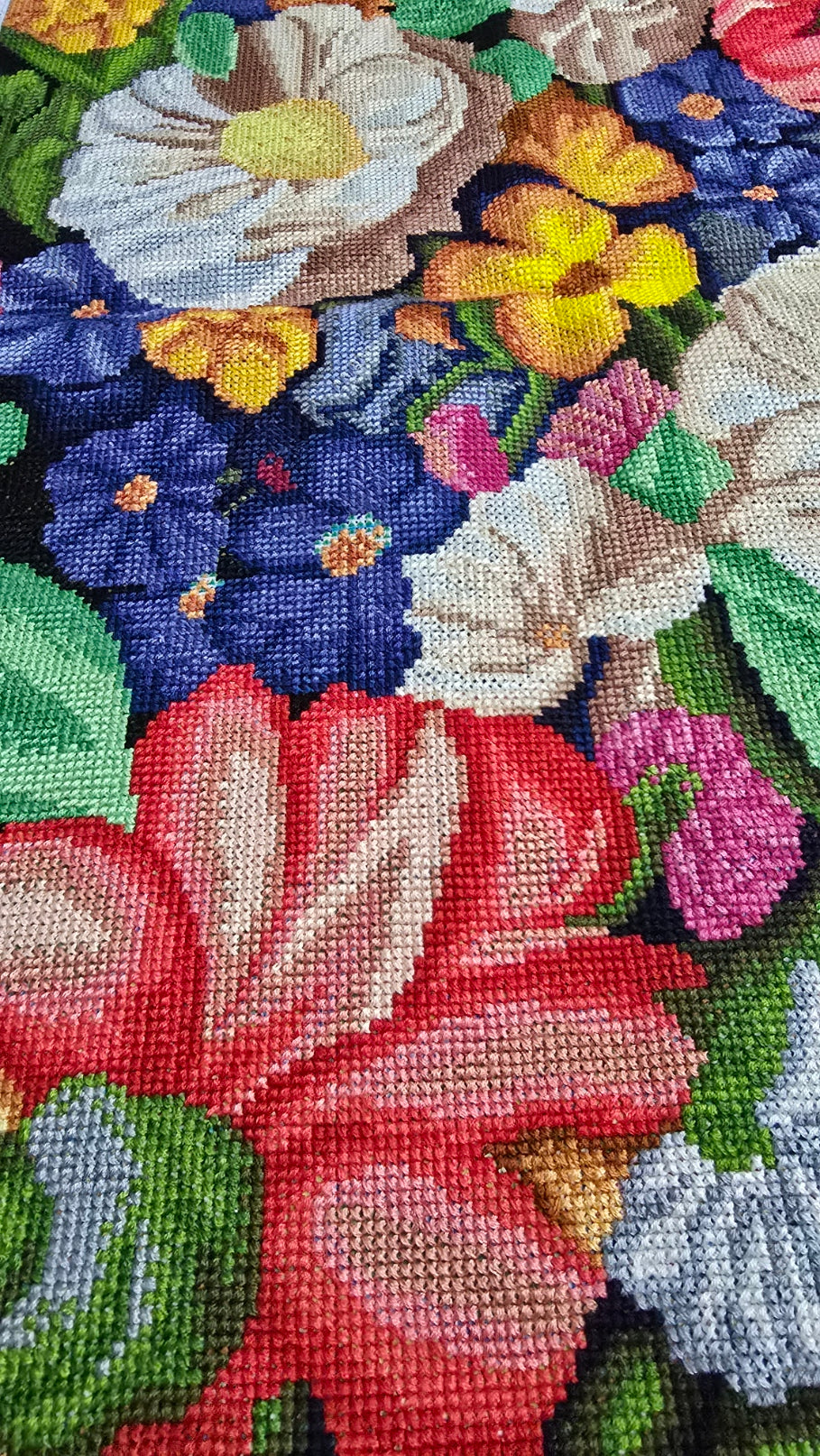 Finished Cross Stitch Wall Art - Vibrant Floral Bouquet
