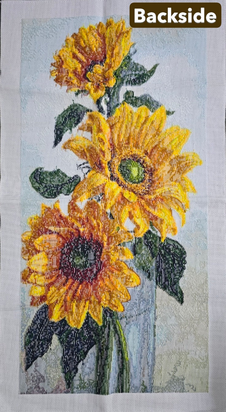 Finished Cross Stitch Wall Art - Elegant Sunflowers in Glass Vase