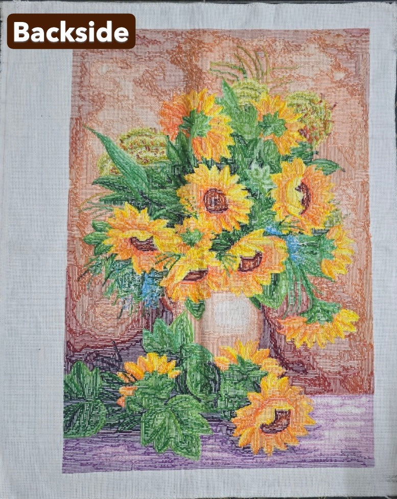 Finished Cross Stitch Wall Art - Rustic Sunflower Bouquet in Pitcher (Completed Handmade Canvas, Full Coverage Textile Art)