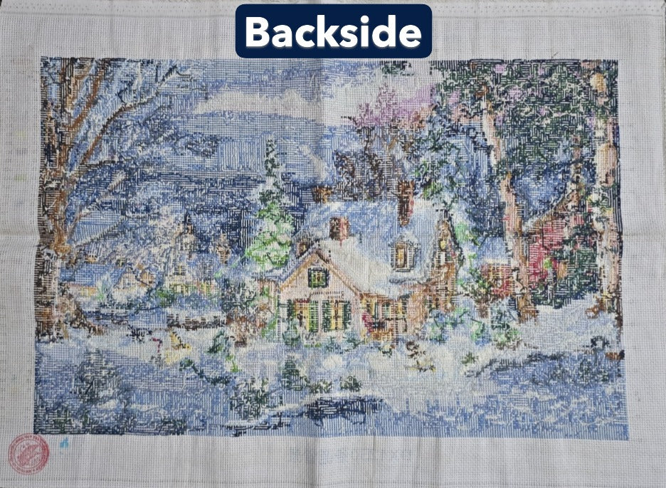 Finished Cross Stitch Wall Art - Cozy Christmas Winter Cottage