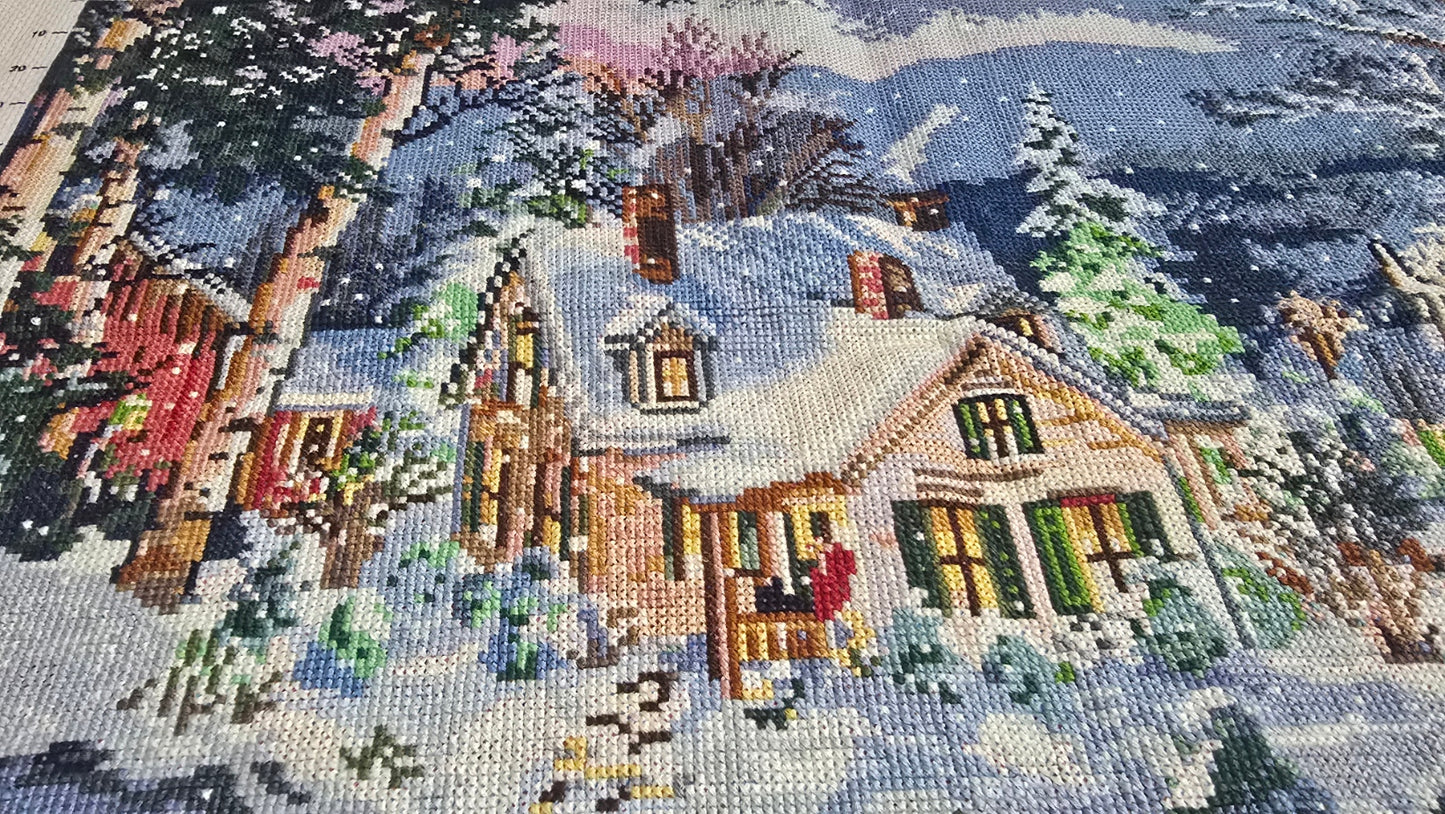 Finished Cross Stitch Wall Art - Cozy Christmas Winter Cottage