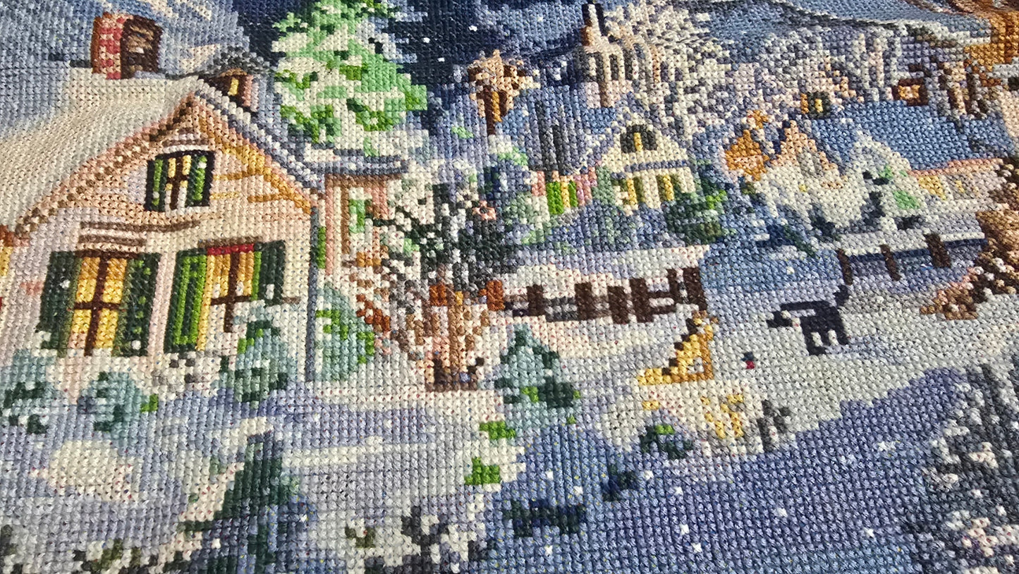 Finished Cross Stitch Wall Art - Cozy Christmas Winter Cottage