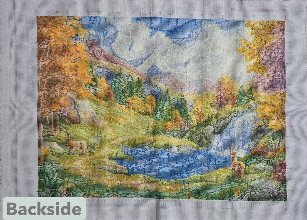 Finished Cross Stitch Wall Art - Autumn Mountain Waterfall & Deer