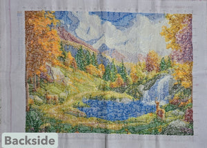 Finished Cross Stitch Wall Art - Autumn Mountain Waterfall & Deer