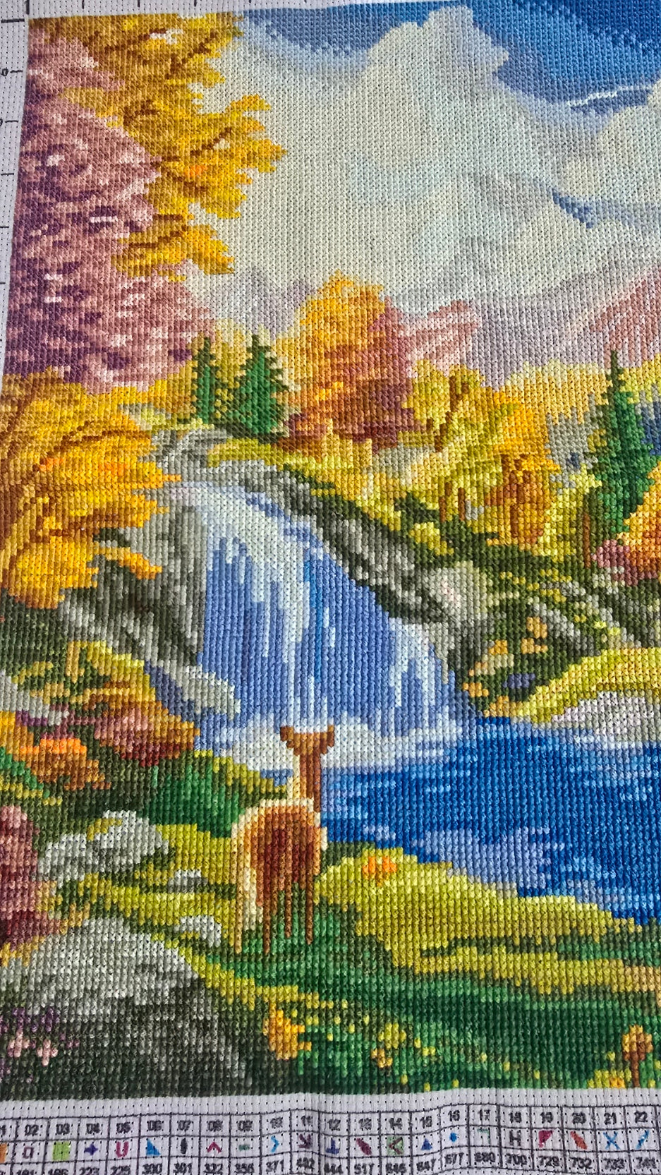 Finished Cross Stitch Wall Art - Autumn Mountain Waterfall & Deer