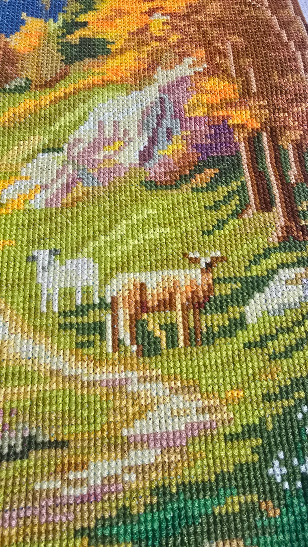 Finished Cross Stitch Wall Art - Autumn Mountain Waterfall & Deer