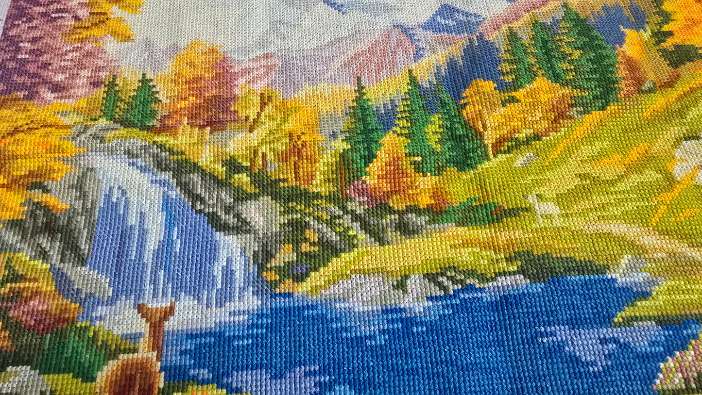 Finished Cross Stitch Wall Art - Autumn Mountain Waterfall & Deer