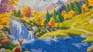 Finished Cross Stitch Wall Art - Autumn Mountain Waterfall & Deer