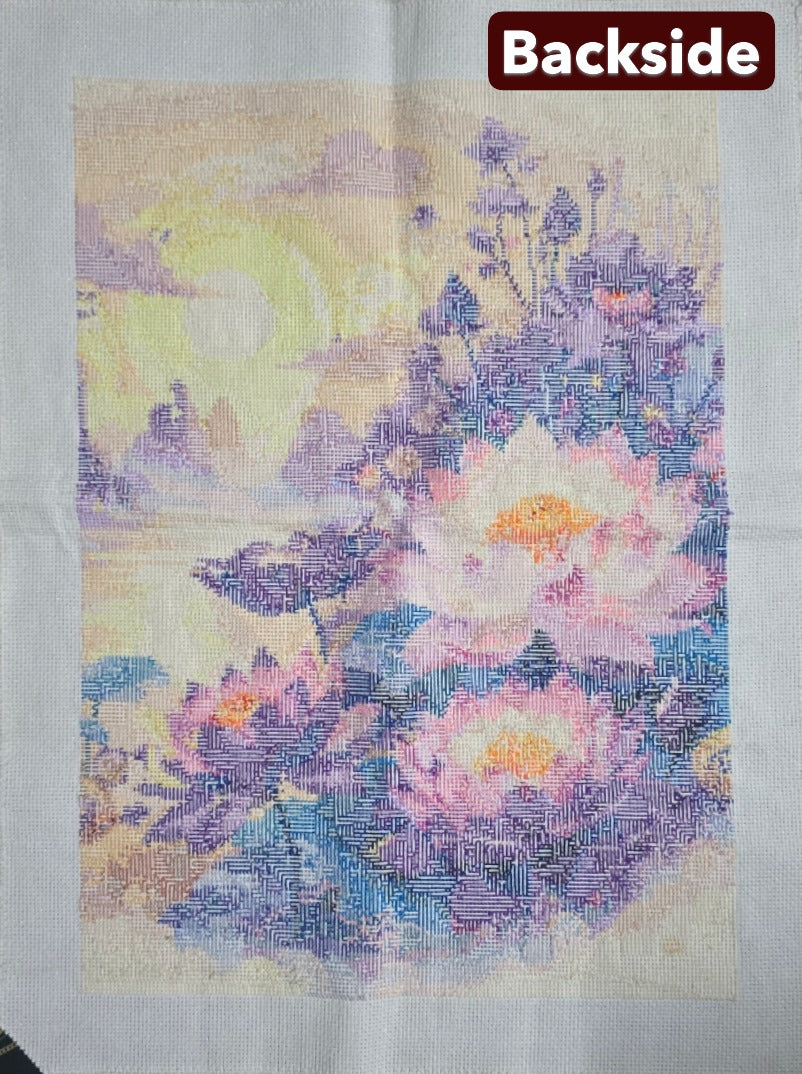 Finished Cross Stitch Wall Art - Sunset Lotus Pond