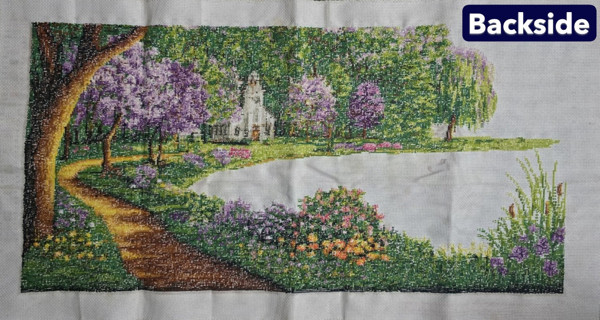 Finished Cross Stitch Wall Art - Serene Church Lake & Swans Landscape