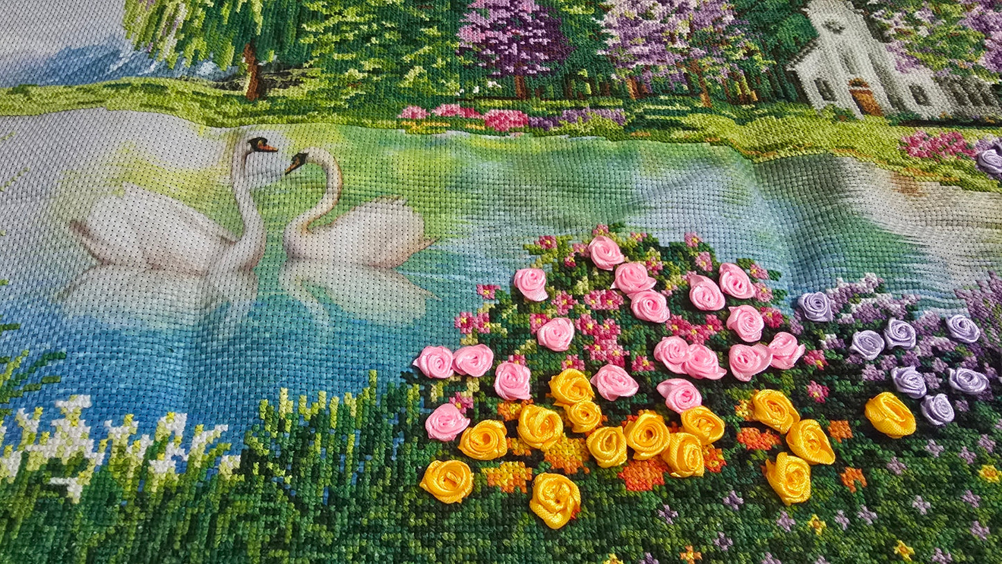 Finished Cross Stitch Wall Art - Serene Church Lake & Swans Landscape