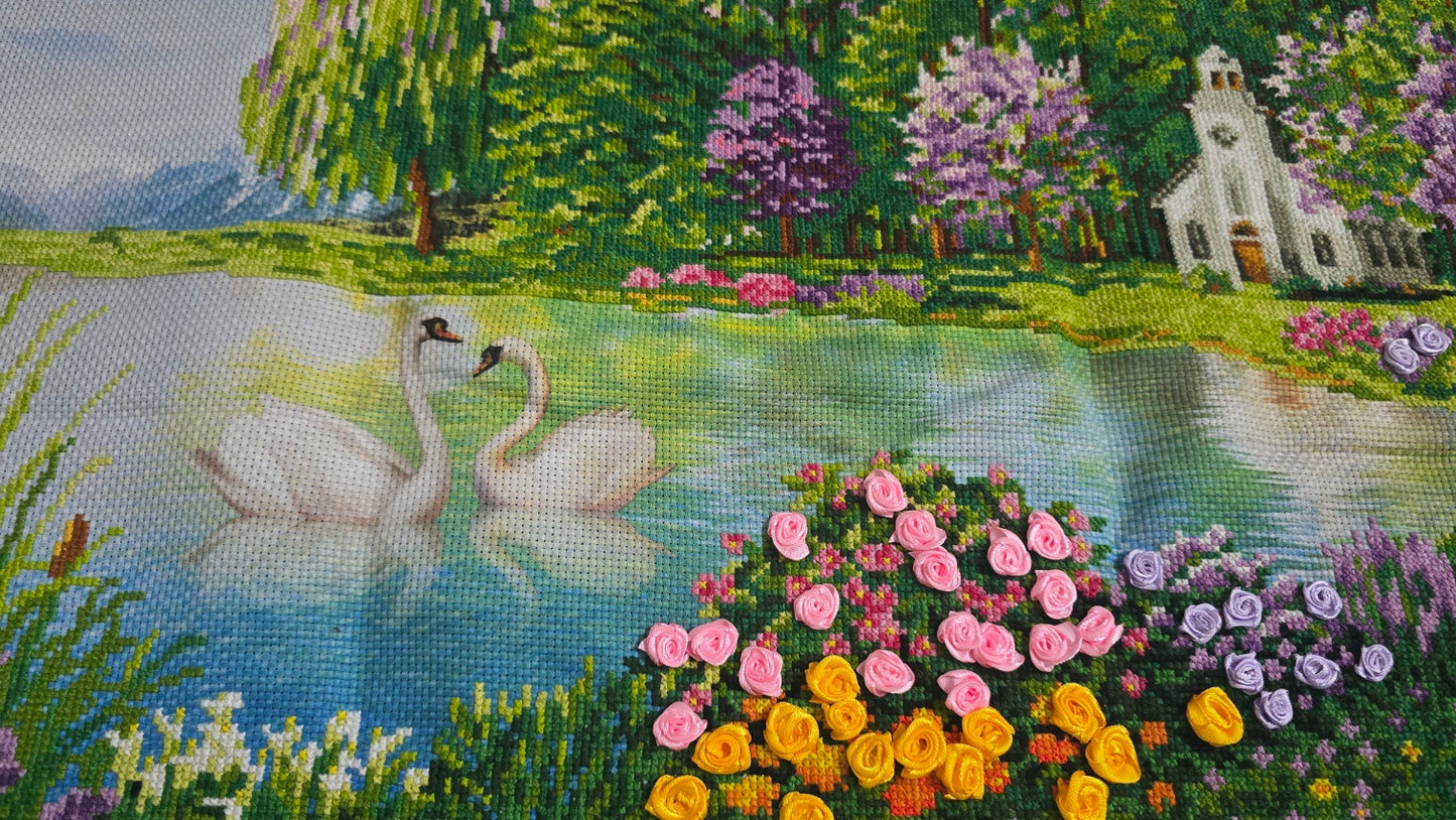 Finished Cross Stitch Wall Art - Serene Church Lake & Swans Landscape