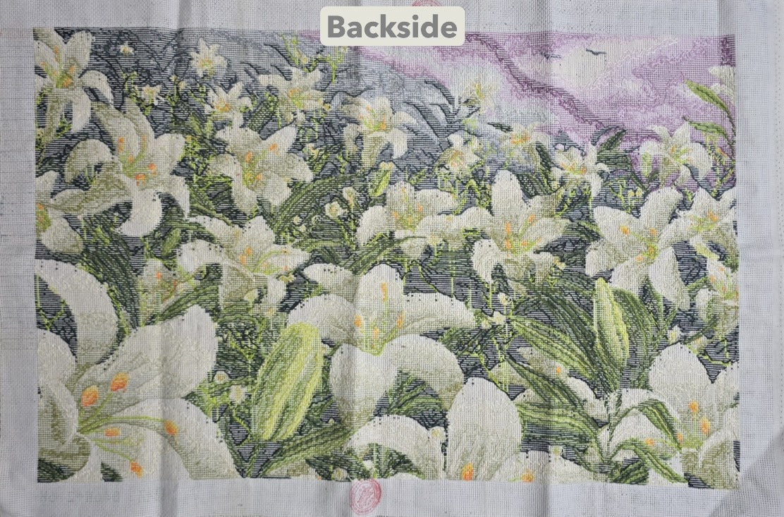 Finished Cross Stitch Wall Art - White Lily Garden Landscape