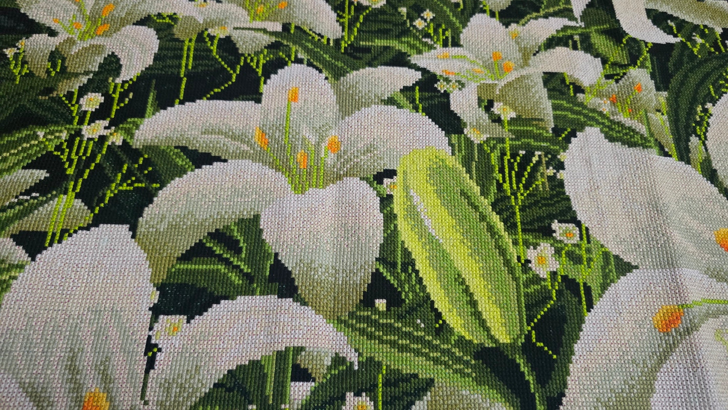 Finished Cross Stitch Wall Art - White Lily Garden Landscape