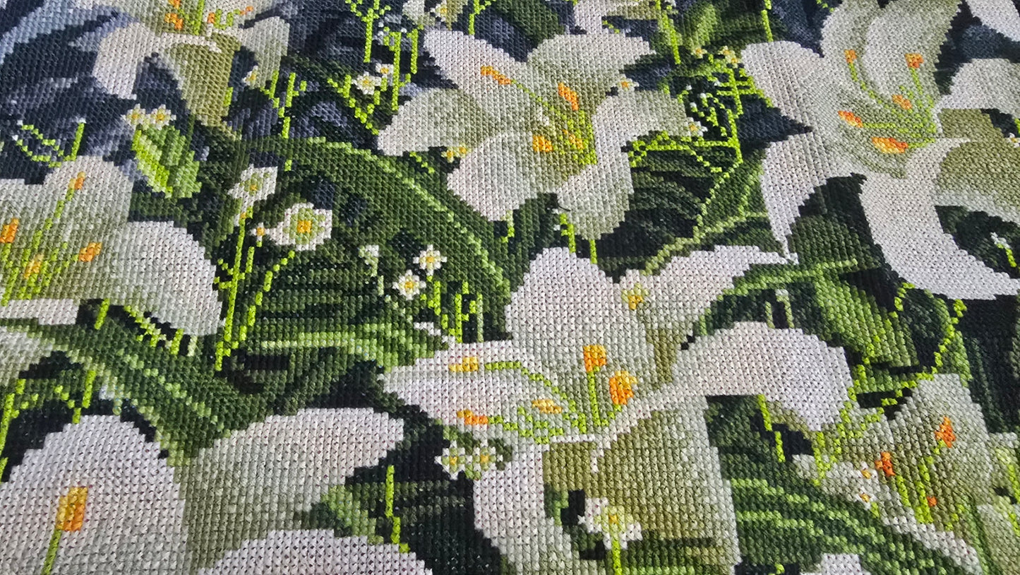 Finished Cross Stitch Wall Art - White Lily Garden Landscape