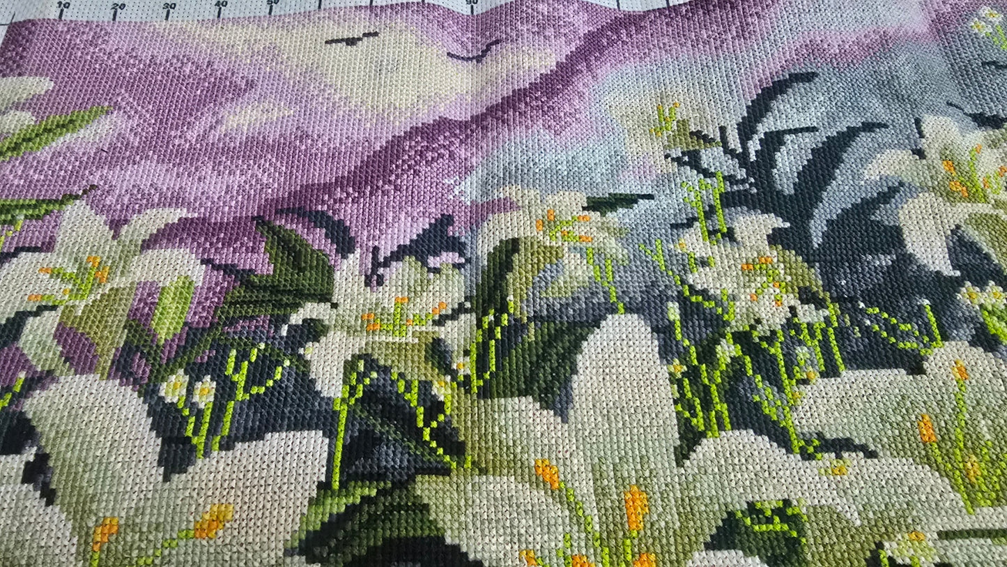Finished Cross Stitch Wall Art - White Lily Garden Landscape