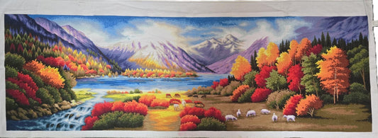 Finished Cross Stitch Wall Art - Panoramic Autumn Mountain Lake & Grazing Sheep