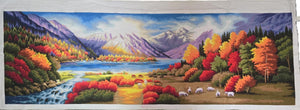 Finished Cross Stitch Wall Art - Panoramic Autumn Mountain Lake & Grazing Sheep