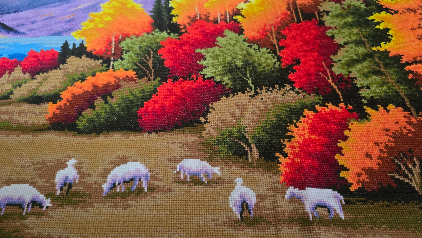 Finished Cross Stitch Wall Art - Panoramic Autumn Mountain Lake & Grazing Sheep