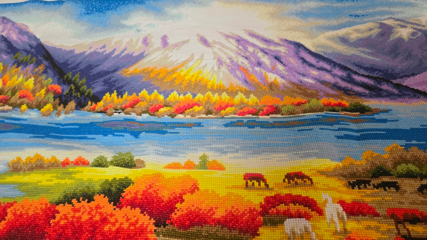 Finished Cross Stitch Wall Art - Panoramic Autumn Mountain Lake & Grazing Sheep