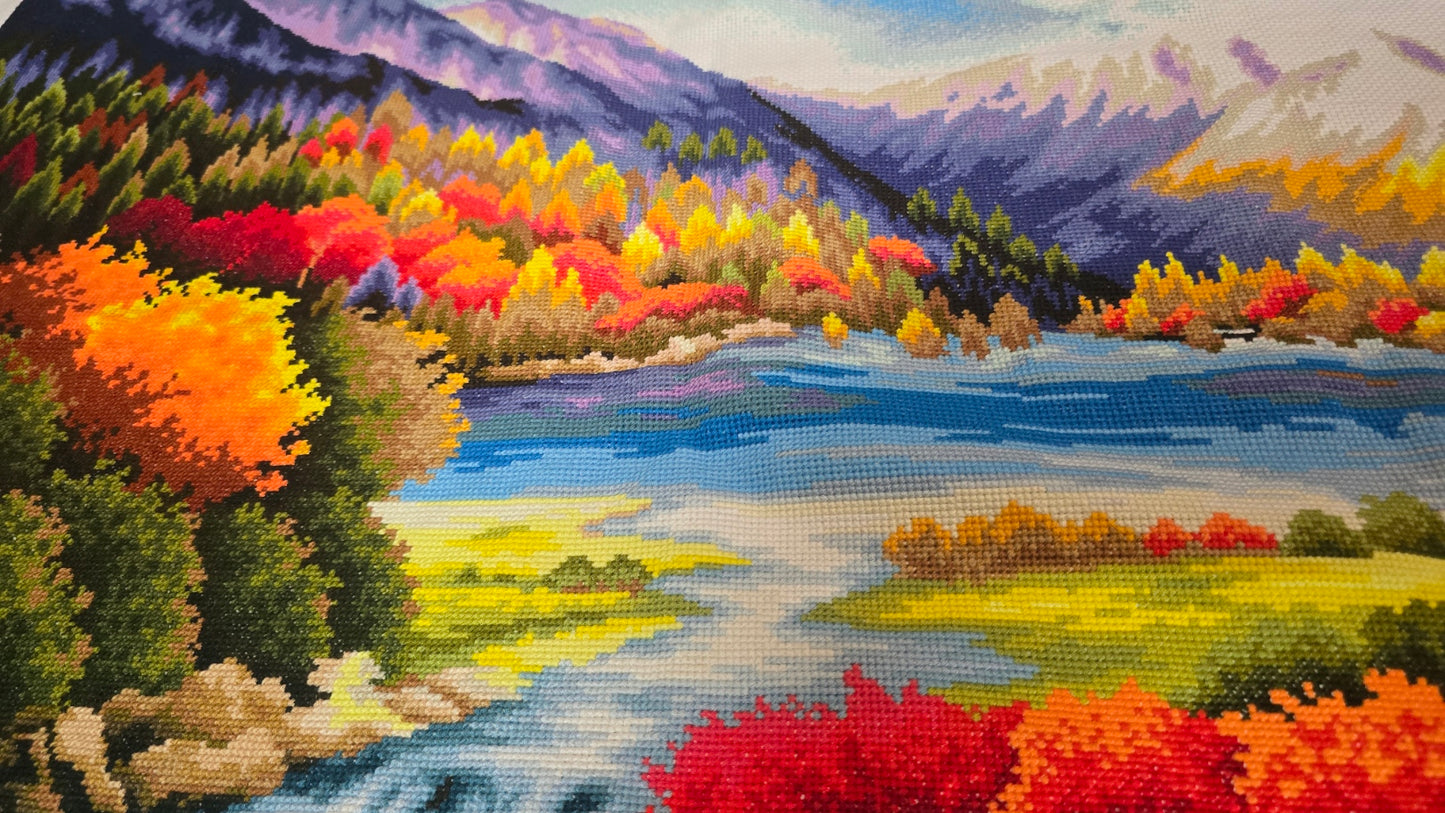 Finished Cross Stitch Wall Art - Panoramic Autumn Mountain Lake & Grazing Sheep