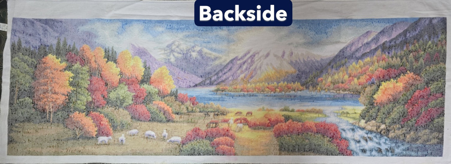 Finished Cross Stitch Wall Art - Panoramic Autumn Mountain Lake & Grazing Sheep