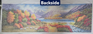 Finished Cross Stitch Wall Art - Panoramic Autumn Mountain Lake & Grazing Sheep